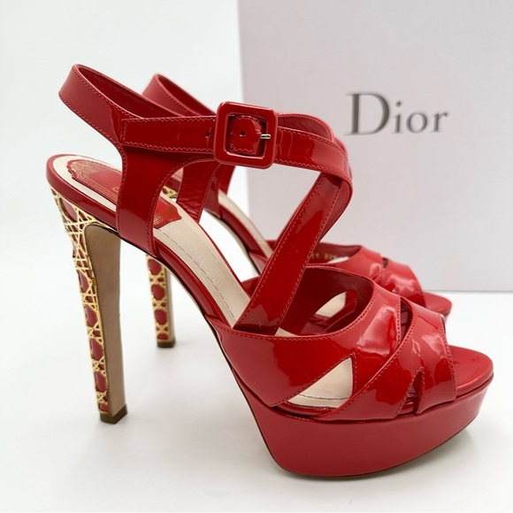 Dior Metal Cannage Strappy Peep Toe Heels Red Patent Leather - Picture 3 of 16